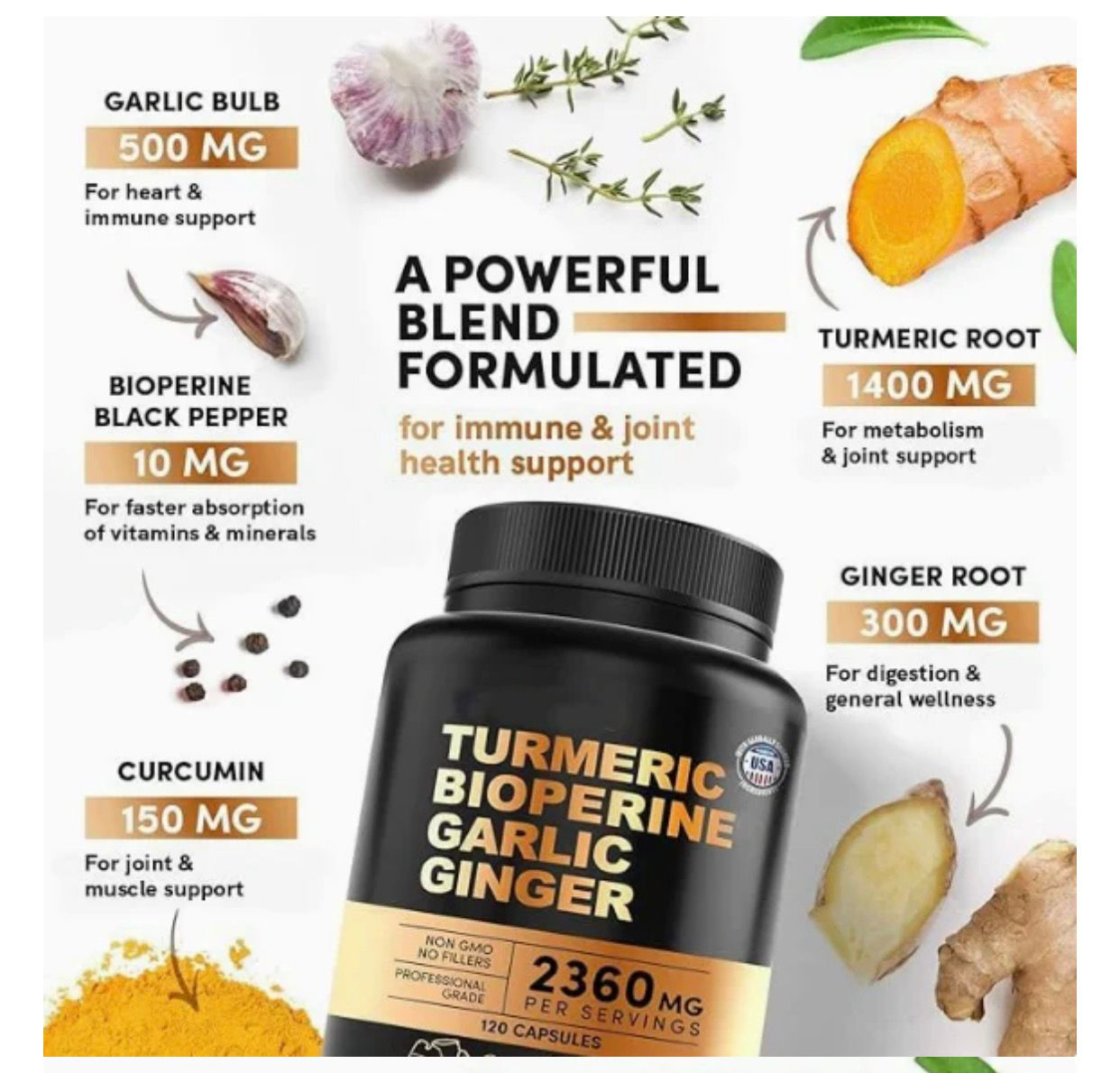 Turmeric + Bioperine + Garlic + Ginger 2360mg